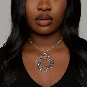 Vintage Boho Silver Sunburst Pendant Necklace –Statement Jewelry, Retro Festival